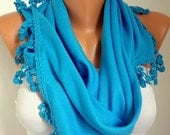 BIG SALE Women Pashmina  Scarf  - Cotton Scarf - - Cowl with Lace  Edge - turquoise blue - fatwoman