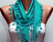 BIG SALE Teal Scarf  -  Pashmina Scarf  -  Cowl with Lace Edge