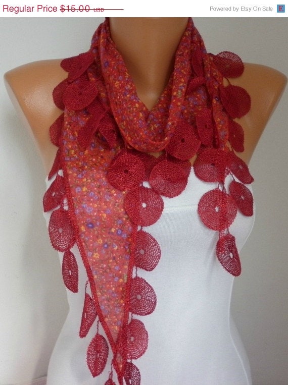 BIG SALE Red Scarf Multicolor Scarf  - Cotton Scarf -  Cowl with  Lace Edge - RED