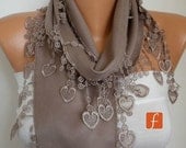 BIG SALE Beige Scarf  Shawl - Pashmina Scarf - Lace Edge - fatwoman - LOVE - Heart