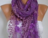 BIG SALE Purple Lace Scarf - Shawl Scarf Cowl Scarf Lace Edge Gift Bridesmaid Gift fatwoman