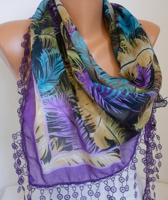 BIG SALE Purple Feather Scarf Shawl - Cotton Scarf Weddings Scarves - Cowl  Lace Edge