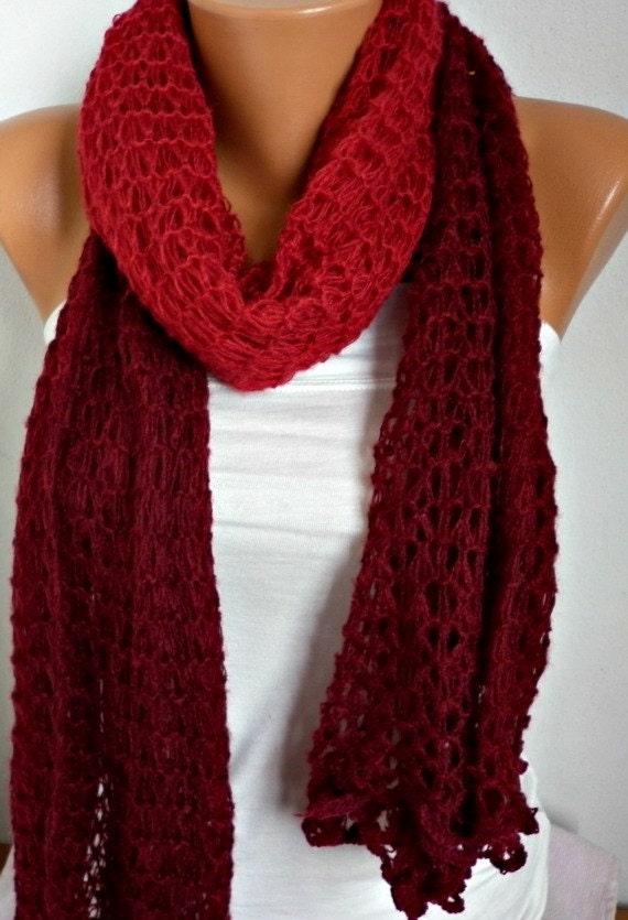 Burgundy Tube Scarf Infinity Scarf Loop Scarf Circle Scarf Knitted Lace Scarf - Cowl Scarf - Long Scarf -  from Red to Burgundy