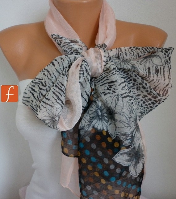 Salmon Floral Big Bow Scarf - Shawl Scarf - Cowl Scarf - Spring Summer Scarf - fatwoman