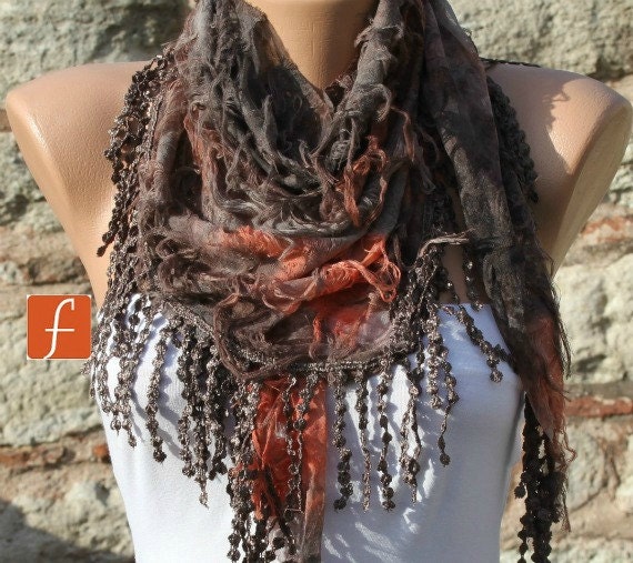 Brown Orange Scarf - Cowl with Lace Edge by Fatwoman