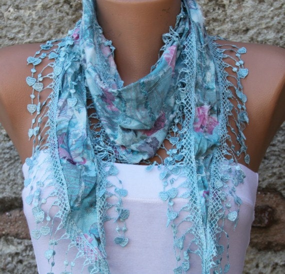 Multicolor Scarf  - Cotton  Scarf - Cowl  Scarf with Lace Edge - fatwoman