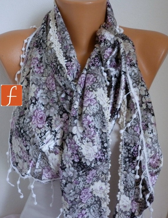 Floral Scarf - Women Scarf - Cowl Scarf with Lace - fatwoman