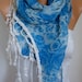 Blue Scarf  Cotton  Scarf - Shawl -  Cowl Scarf  with Lace Edge  - fatwoman- Blue Roses - Beach wear