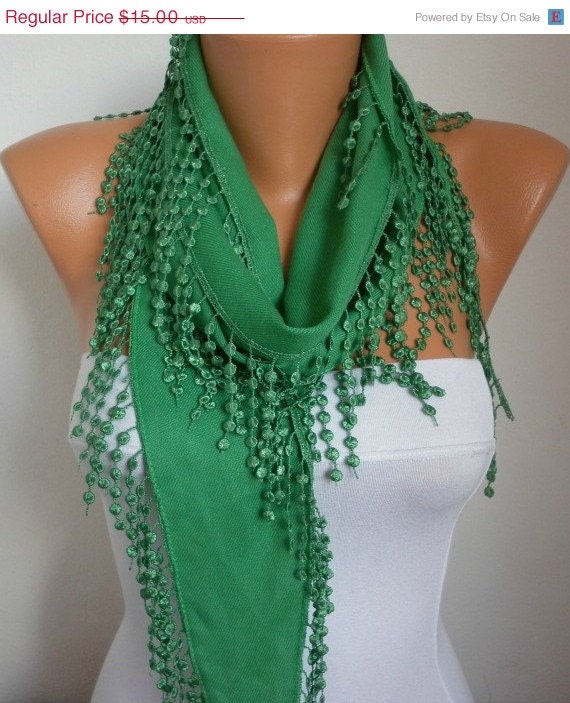 BIG SALE St. Patrick's Day Pigment Green Scarf  -  Pashmina Scarf  -  Cowl Scarf with Lace Edge - fatwoman