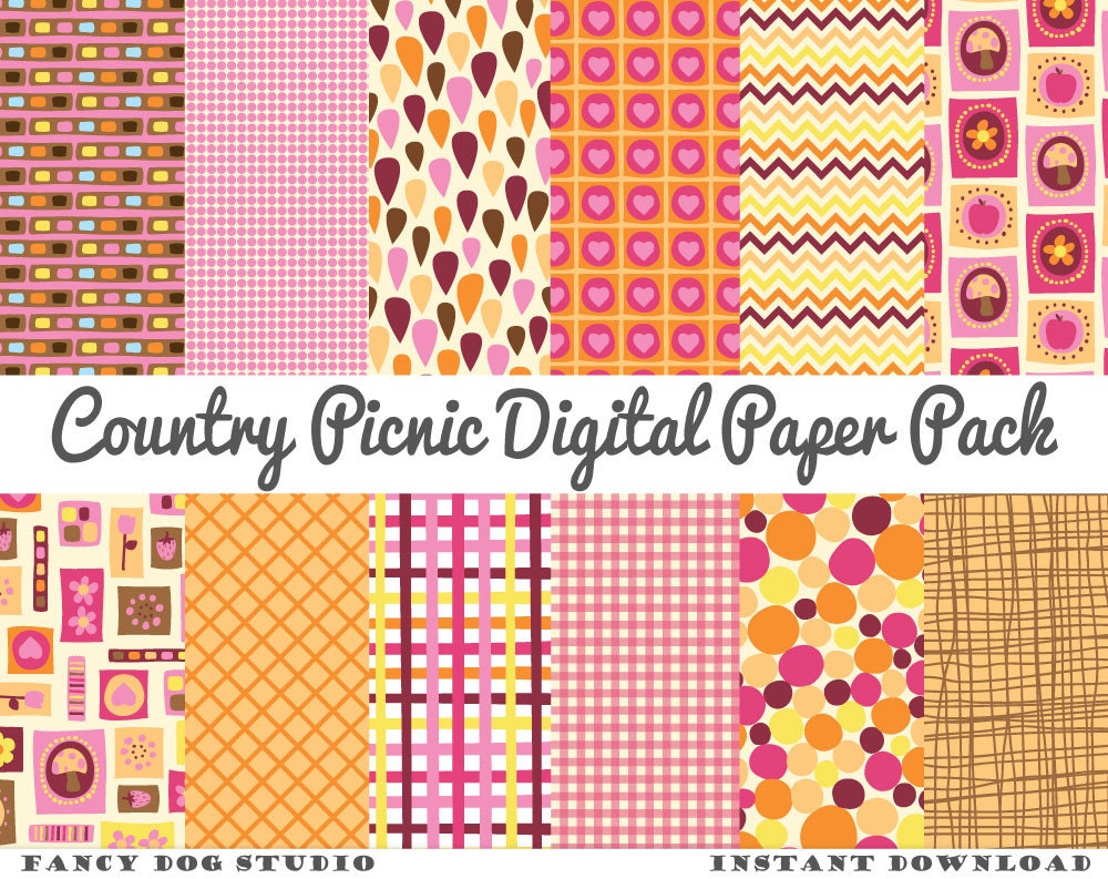 Digital Scrapbooking Printable Paper Pack Country Picnic Instant Download
