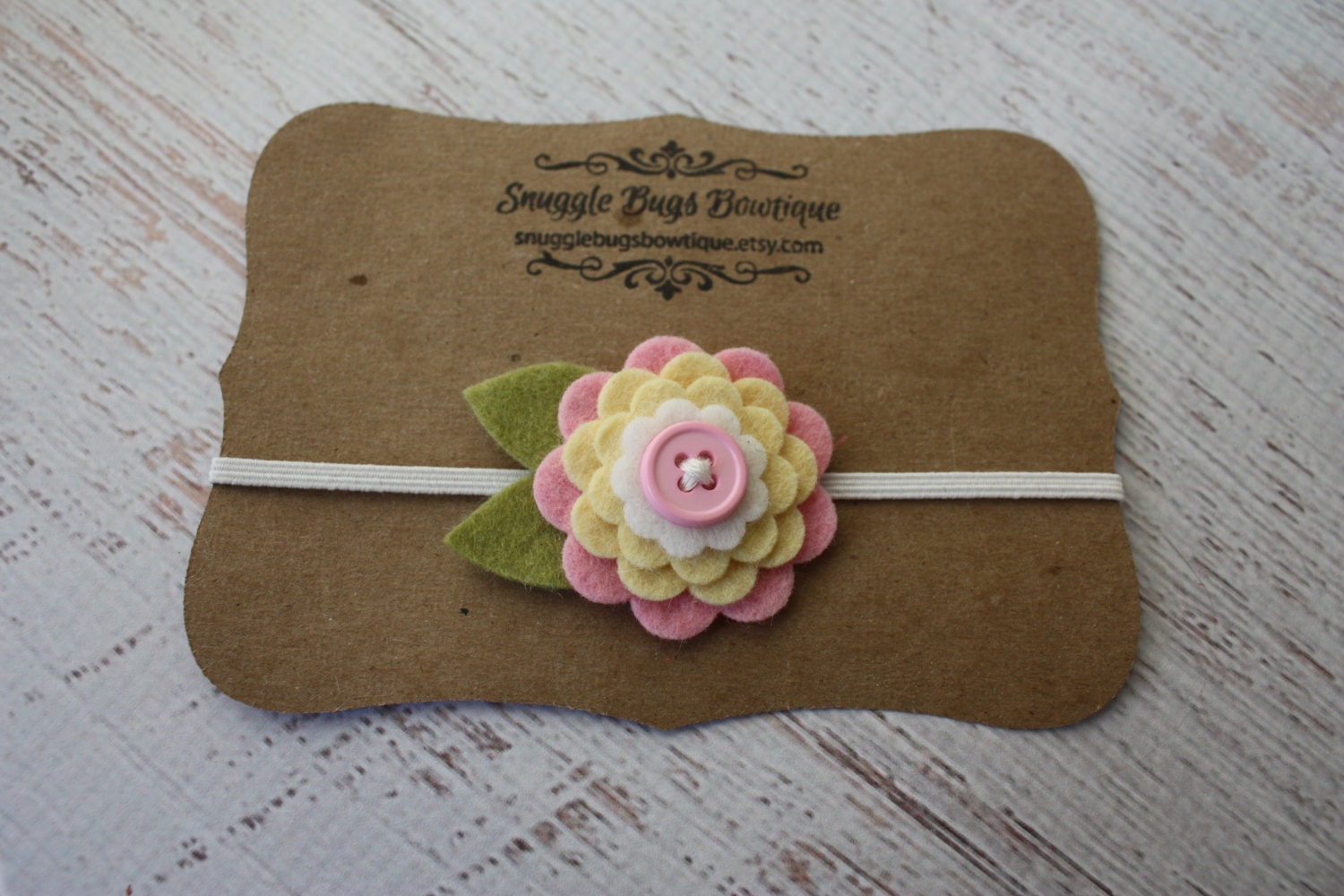 Wool Felt Button Flower Headband or Hair Clip - Pale Pink, White and Yellow - Newborn to Adult
