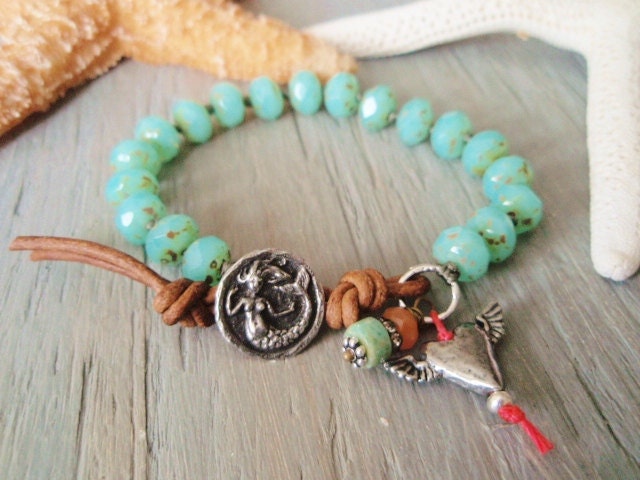 Mermaid bracelet - Free Mermaid- seafoam green aqua, winged heart , sK slipKnots, leather , surfer beach boho