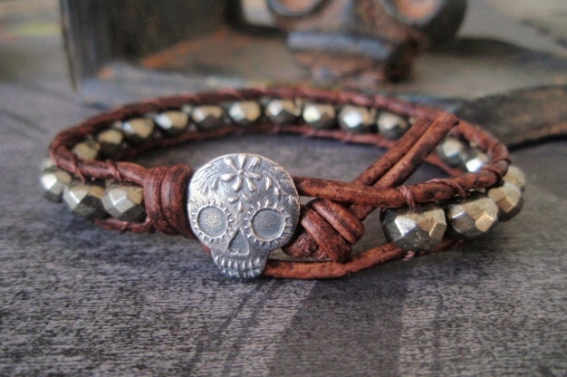 Sugar skull bracelet - Bright Eyed Girl - sterling silver leather pyrite Dia de los Muertos Day of the Dead stack bracelet