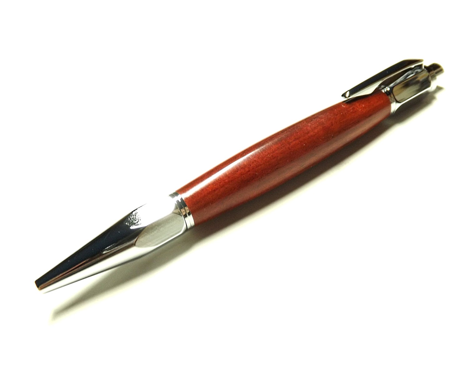 Hand Turned Wood Pen - Vertex Click Top - Medium Ballpoint - Redheart Wood - Chrome Hardware - Black Velvet Pouch Included