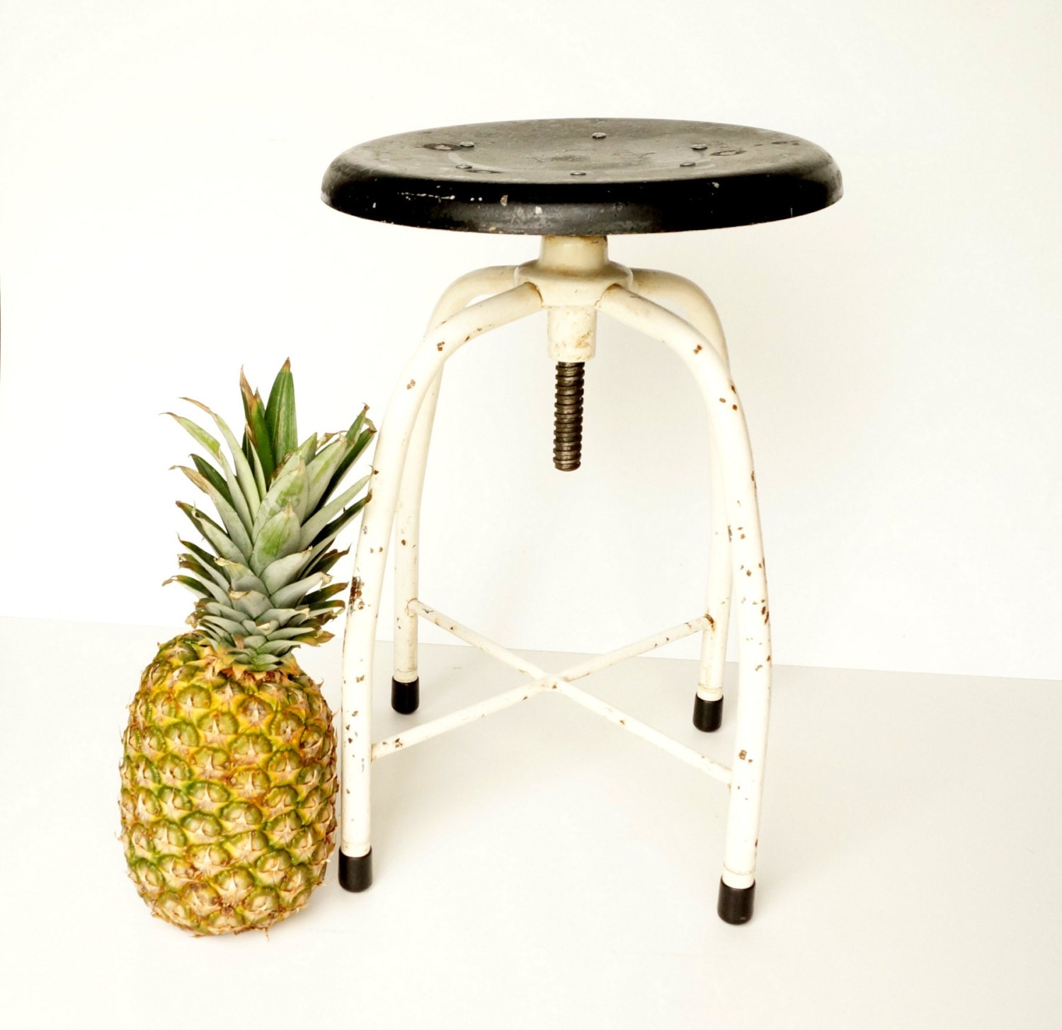 Vintage Machine Age Adjustable Metal Stool in Black and White - Industrial Decor, Plant Stand, and more