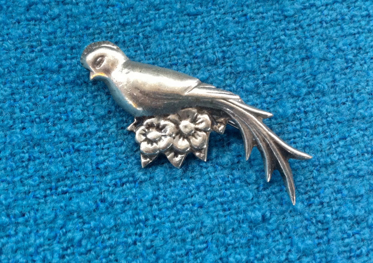 Vintage Bird Brooch Sterling Silver Flower Pin