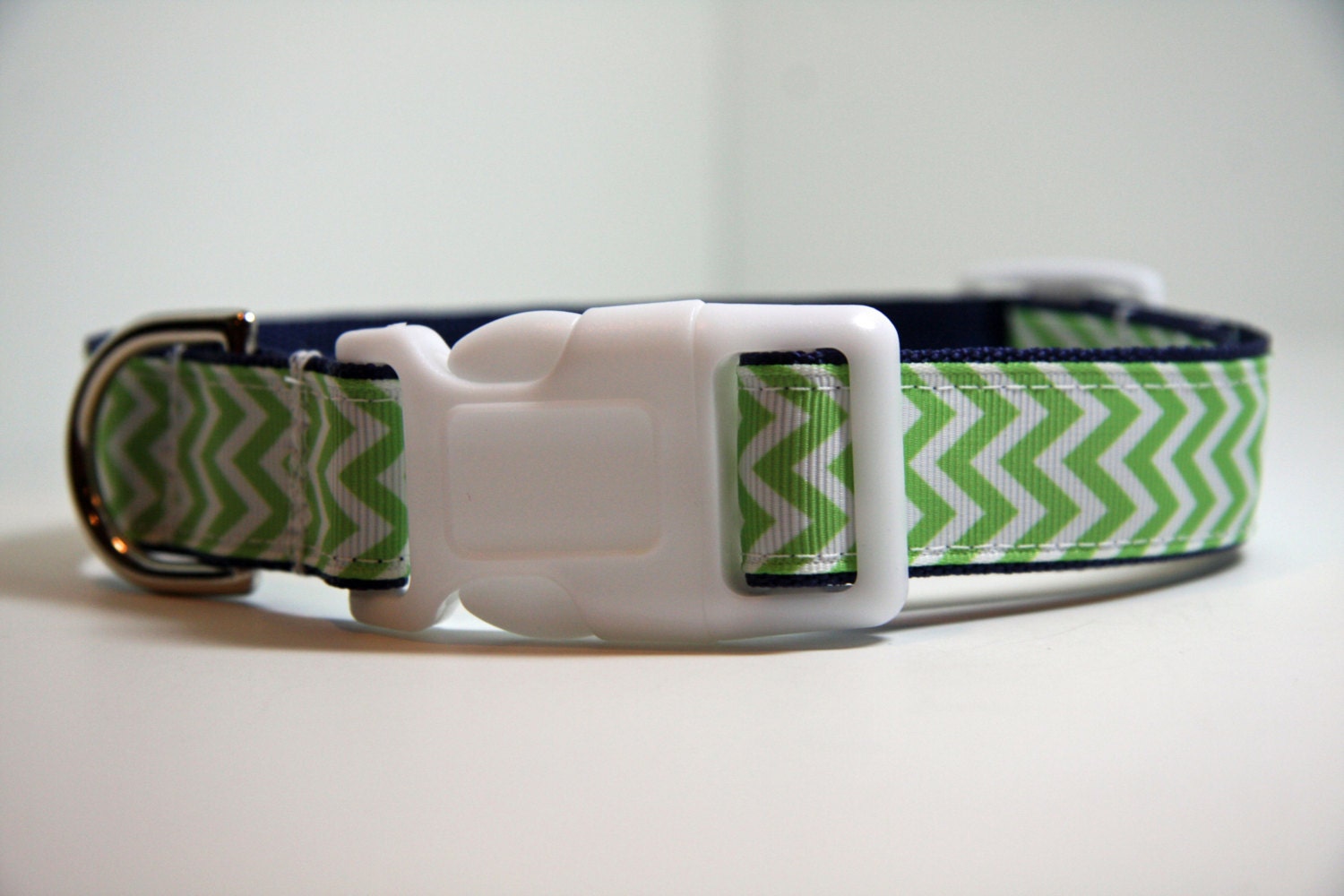 Dog Collar - apple green and white chevron - white buckle
