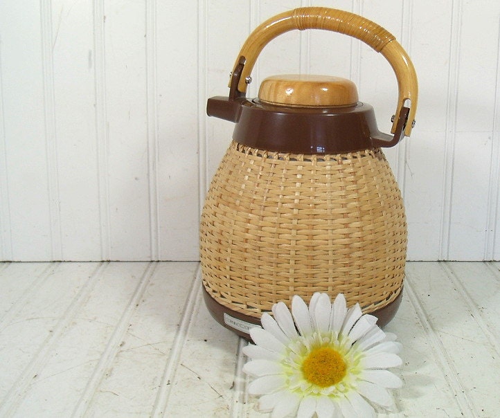 Mid Century Thermal Formed Carafe - Vintage Corning Design - Wicker, Bamboo and Wood Pitcher