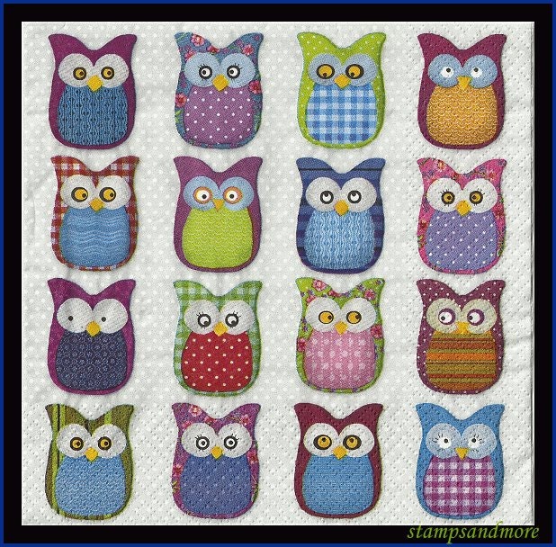 4 Owls Paper Decoupage Napkins - Use For Crafts, Mixed Media, Scrapbooking, Collage And Altered Art Projects