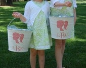 a southern bucket presents our girl silhouette/monogram burlap bucket for chic storage.... birthday gift, tween decor, Easter pail..