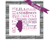 Personalized Birth Announcement  Framed State Map Keepsake Print  USA - All 50 States Available