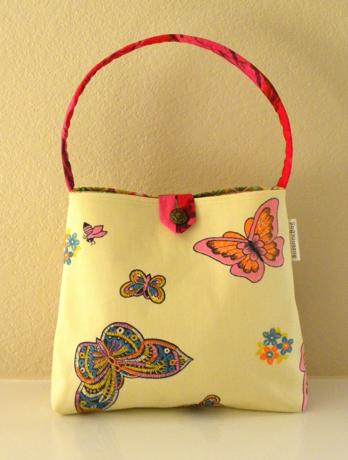 Shoulder Bag - Vintage Canvas Butterflies and Bees - Pink, Orange, Yellow, Blue, Green