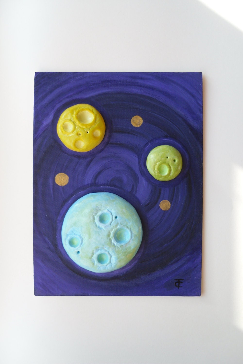 Moon Sculpture - Mixed Media Original - Three Mysterious Planets - 3D Art - OOAK
