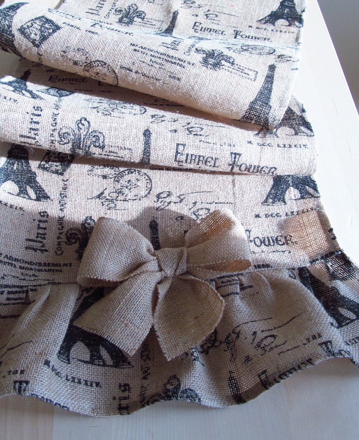 Eiffel Tower Fleur de Lis Printed Burlap Ruffled Table Runner with Bows 60x14