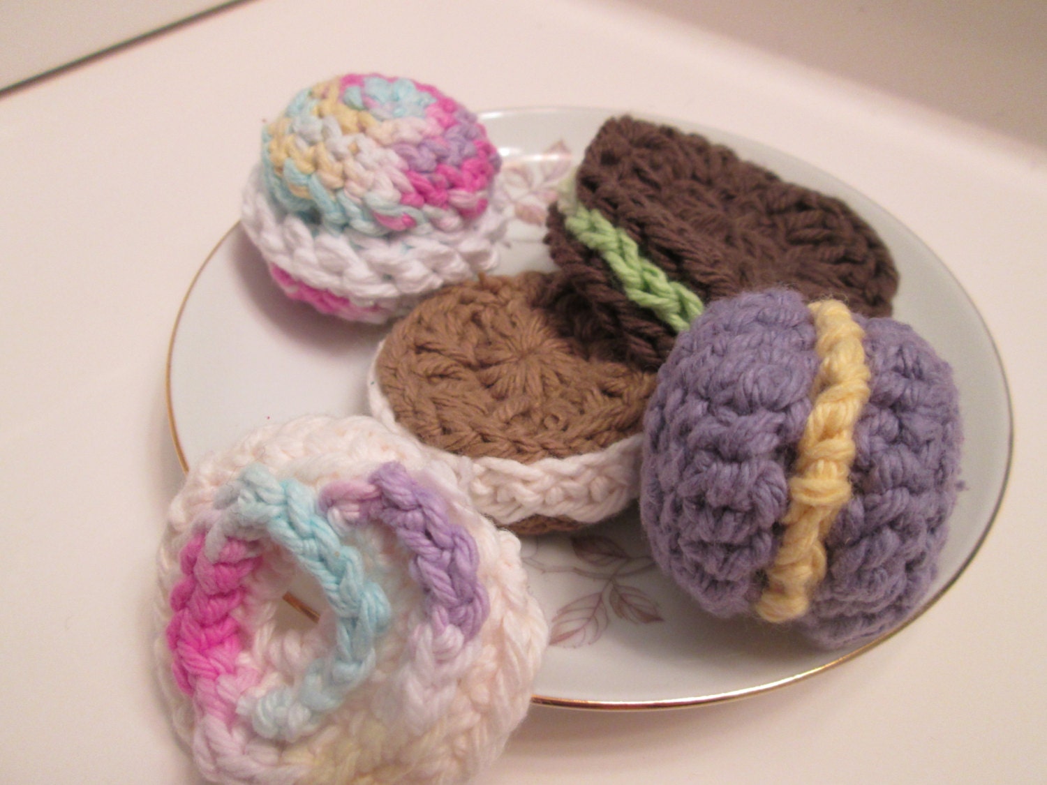 Crochet cookies, tea party food, pretend food, play food, plate of cookies, crochet goodies
