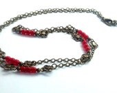 Boho Long Necklace - Bohemian Layering Chain in Red and Antiqued Brass