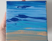 Beach style small acrylic abstract painting 4"x4" gallery wrapped canvas, blue turquoise light blue linen home decor, marine home decor