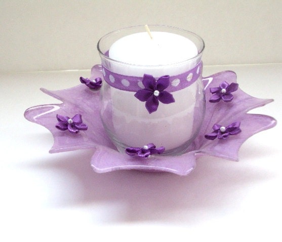 Candleholder Decoupaged With Purple Tissue Paper Small Purple Flowers
