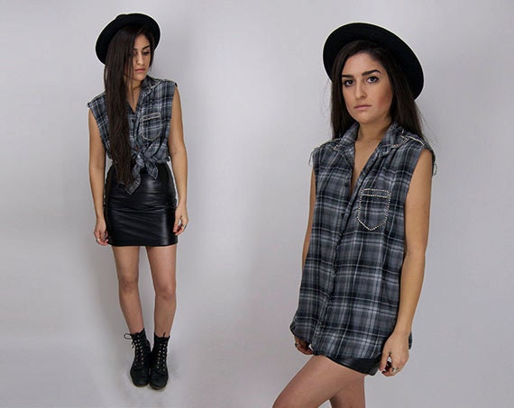 Vintage OMCV Studded Plaid Sleeveless Cut Off Vest Muscle Shirt / Large