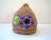 Women's Knit Hat in Taupe with Purple 3-d flower, Chunky Yarn Adult Hat, Handknit Hat, Ready-to-Ship