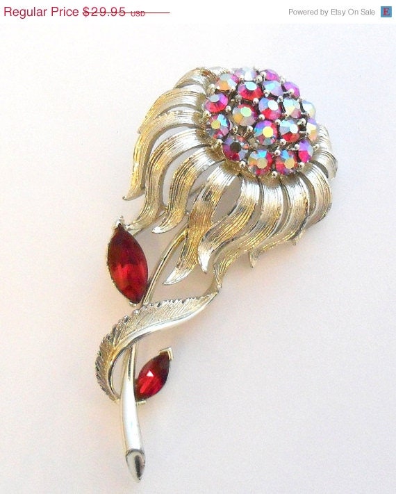 Lisner Flower Brooch Pin, Red AB Rhinestones, Silver Tone