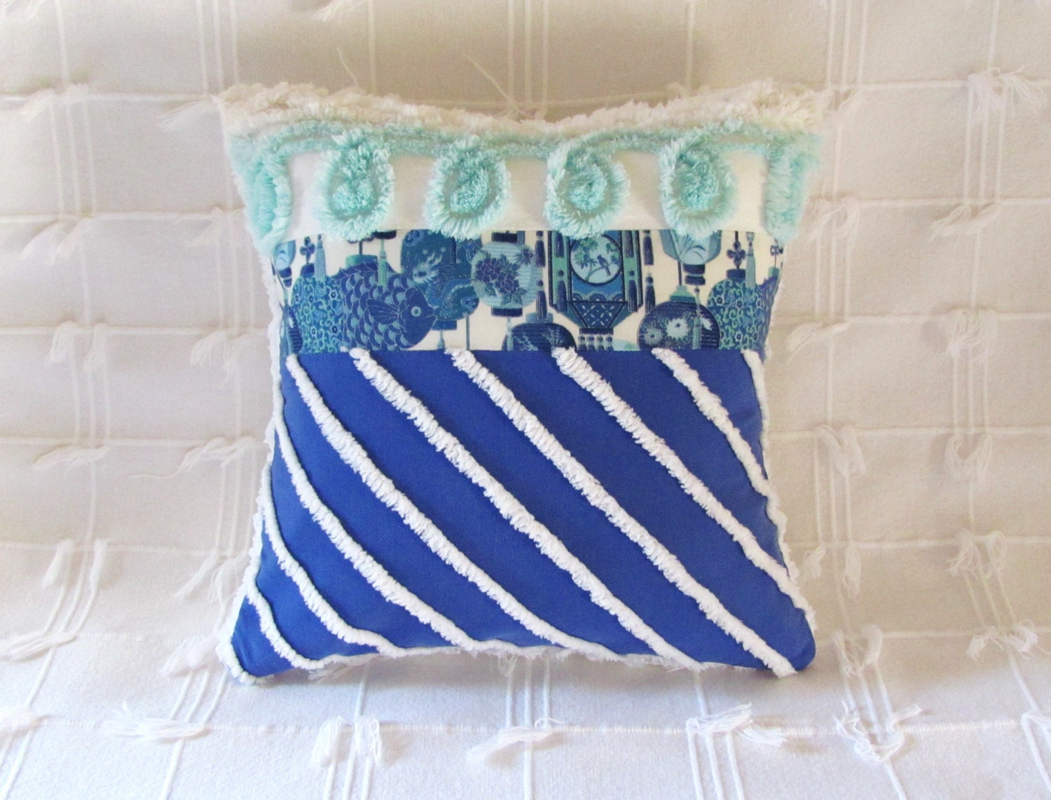 beach decor SEASIDE cottage blue chenille pillow cover 14 X 14 Japanese lanterns nautical aqua cushion cover fish pillow