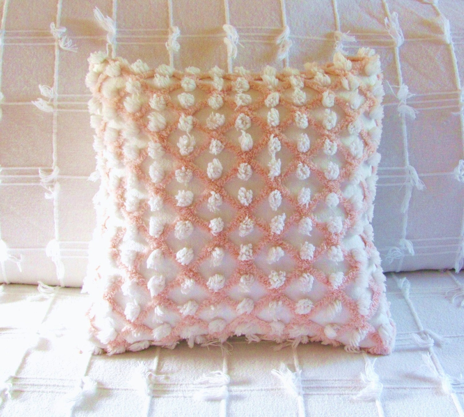 Chenille pillow cover LATTICE POPS 14 X 14 peach white cushion cover