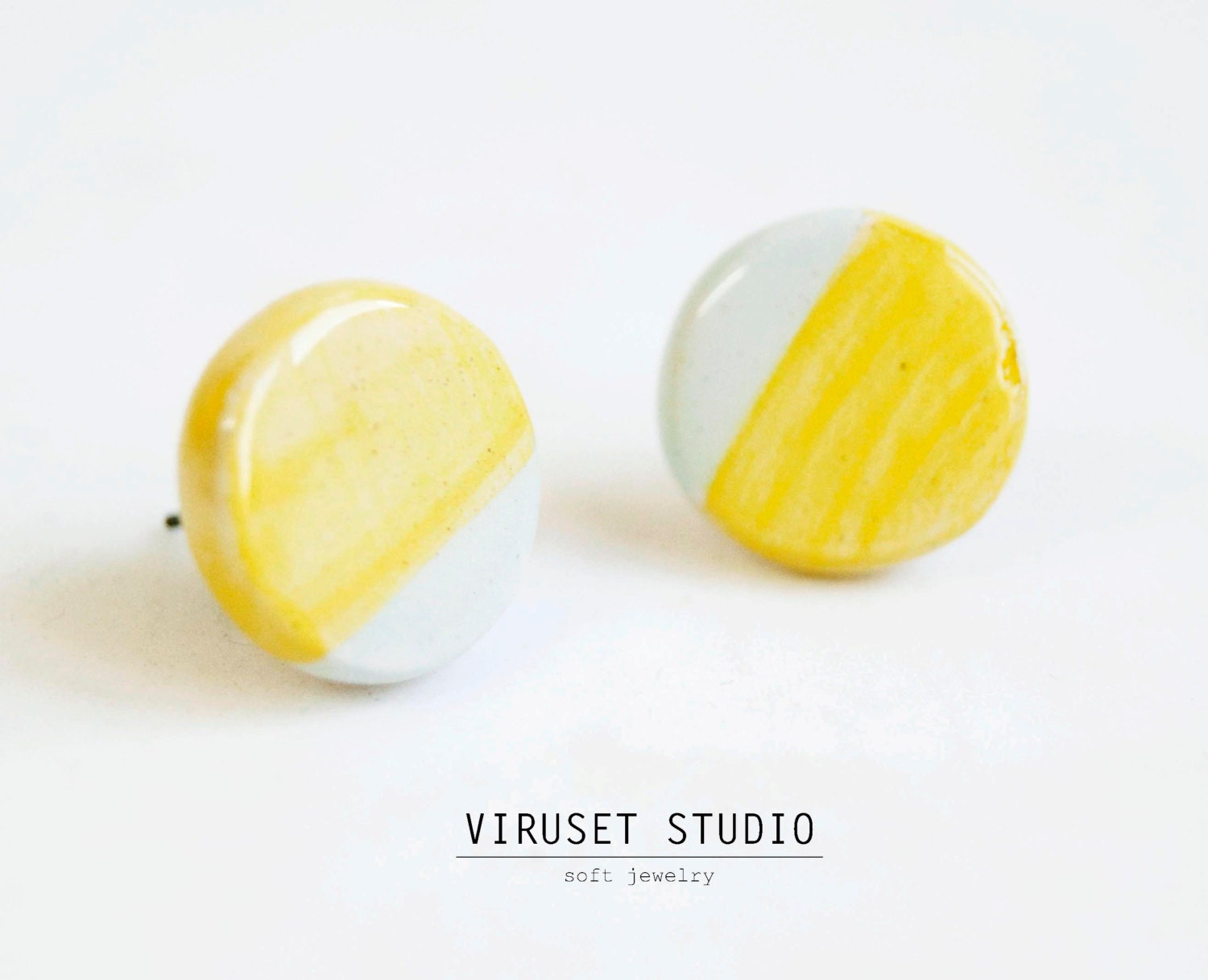 Ceramic earrings blue & yellow geometric earrings, ecofriendly jewelry, button ceramic earrings, scandinavian desig by Viruset