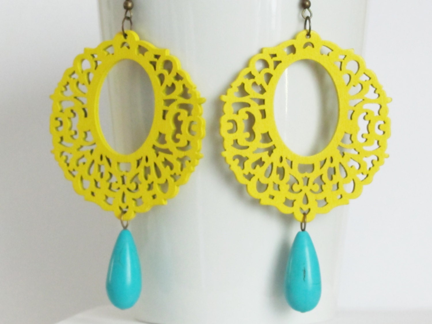 Yellow Earrings Women Jewelry Gift Turquoise Earrings Neon Earrings Chandelier Earrings Statement Earrings Wood Earrings Trendy Earrings