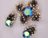 HOBE Blue Rhinestone Brooch Earrings Set, Statement Brooch Jewelry, Black Flowers, Clear Rhinestone, Chunky Bold, Vintage Jewelry