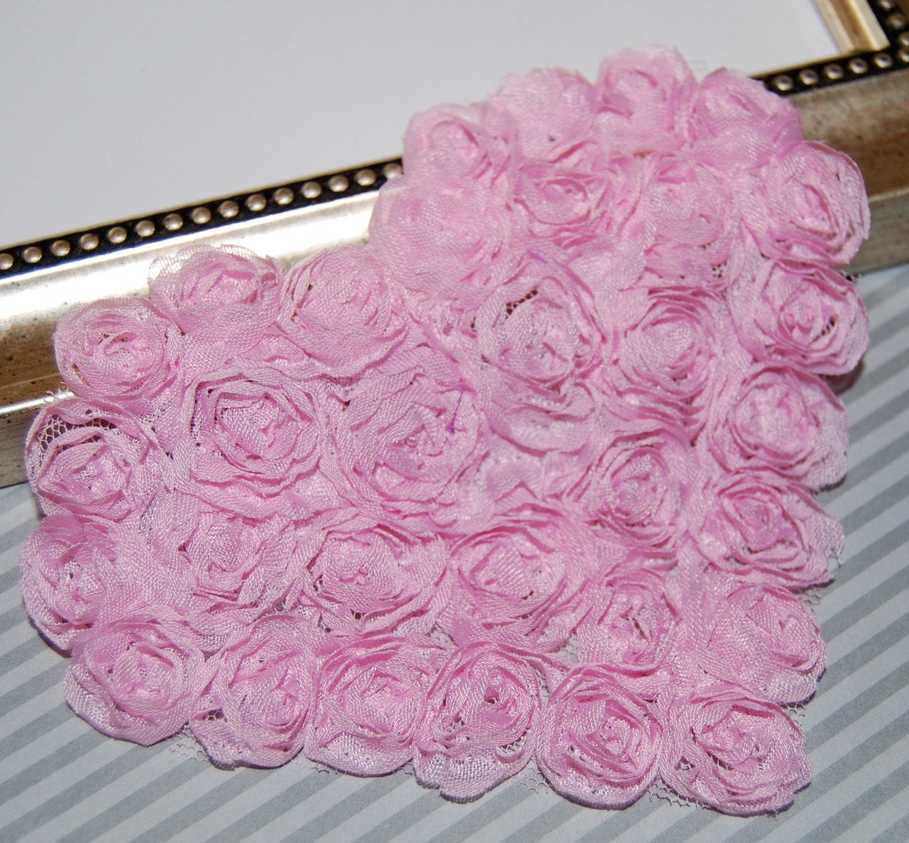Chiffon Hearts 3 pcs  - Large Light Pink Shabby Chic Hearts -  Rosette Heart Applique - Shabby Chiffon Hearts Fabric Hearts 4.75"