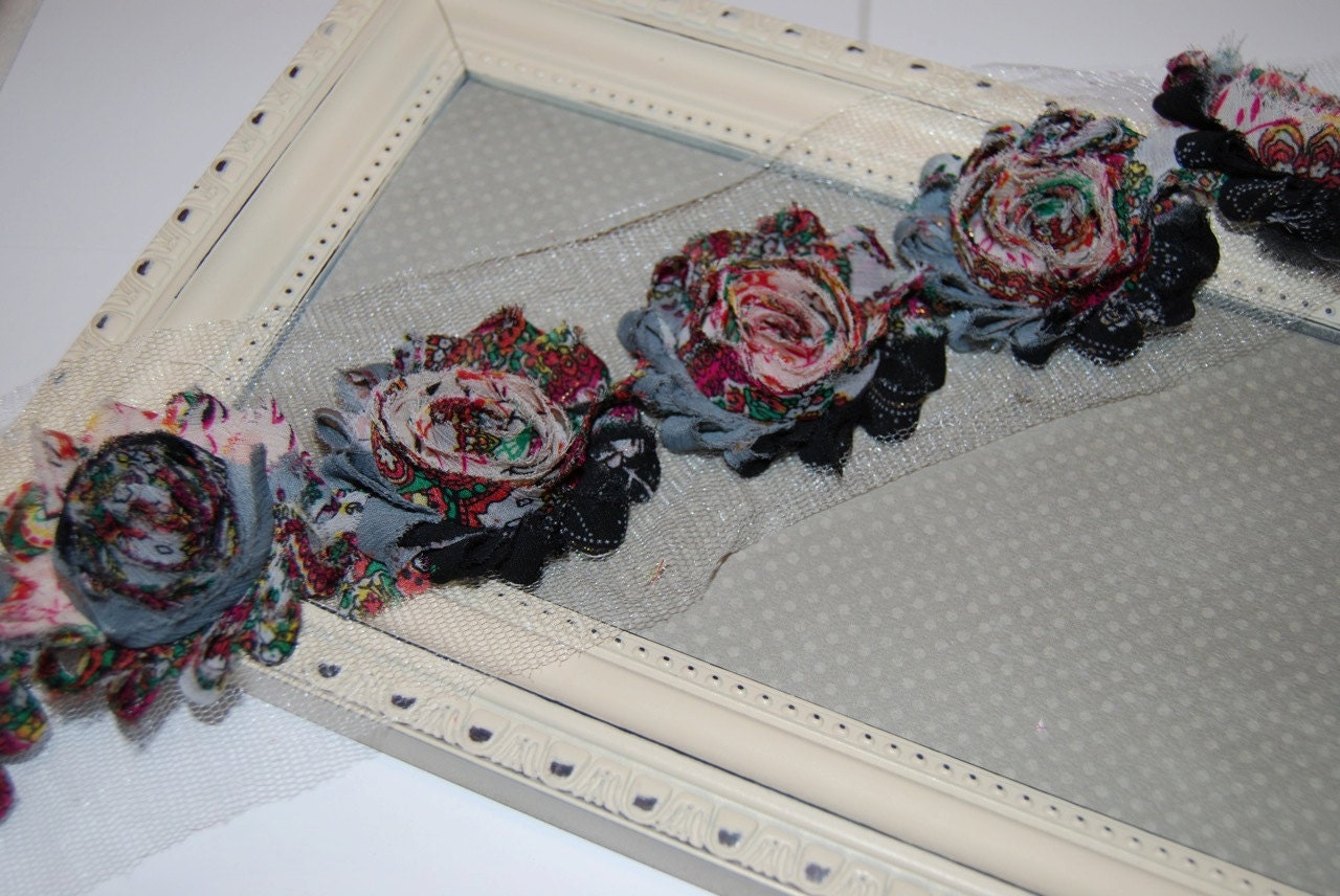 Shabby Rose Trim - Shabby Flowers Gray Peacock - 1/2 yard Chiffon flowers - Rosette Flower Trim Shabby Chic Vintage Fabric Flowers