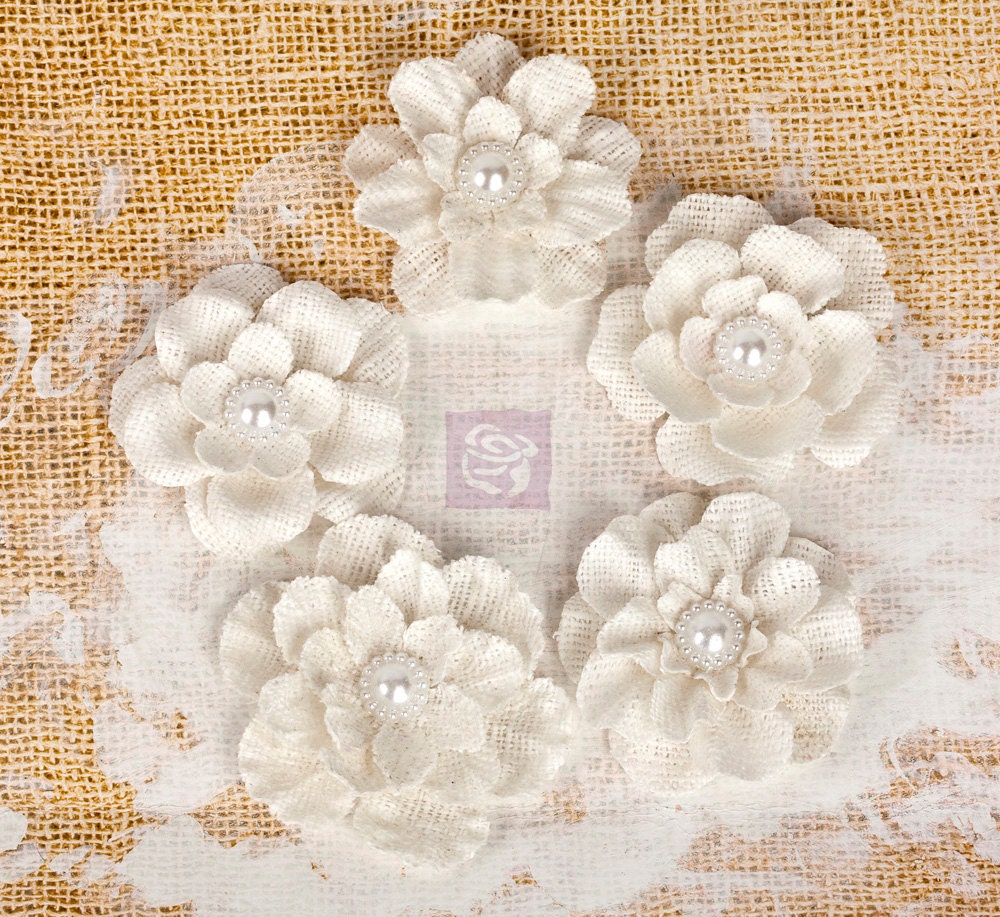 Fabric Flowers - Paloma white 567262 - Burlap flowers 2" - 2.5" size - (5 pcs) applique flowers floral embellishment hair dress headband