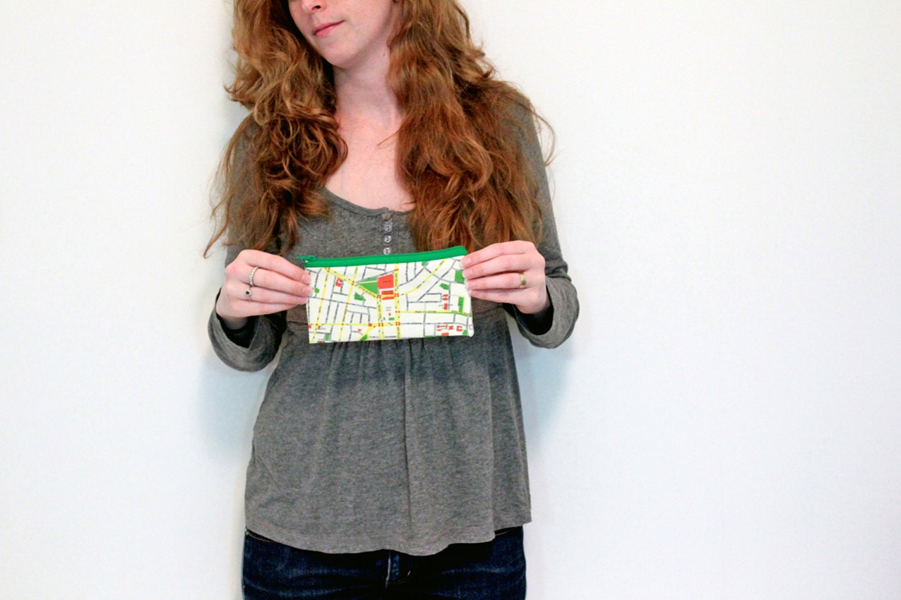 Pencil case zipper pouch with Tel Aviv map print -  wallet / Pencil case / green zippered pouch / souvenir from Tel Aviv Israel