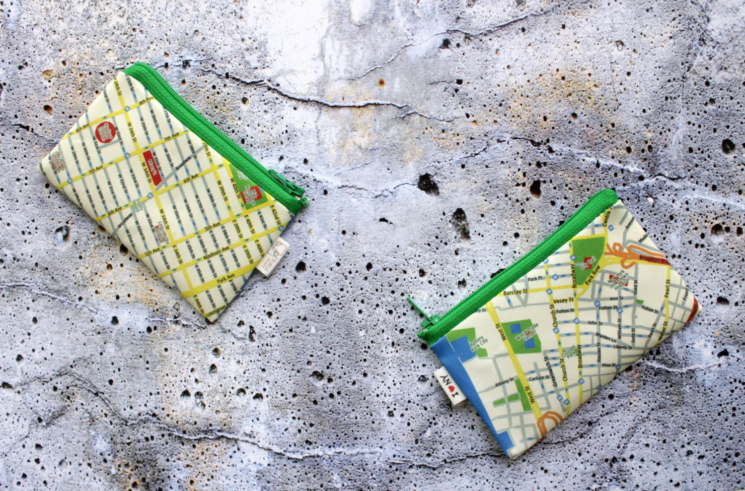 New York city map coin purse wallet with green zipper - I love NY Map Wallet - urban cement grey green