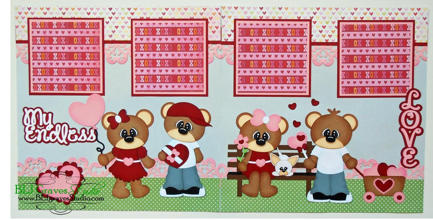 2 Premade Scrapbook Pages 12x12 Layout Paper Piecing Valentine Endless Love Bears Wedding Handmade Elite4U