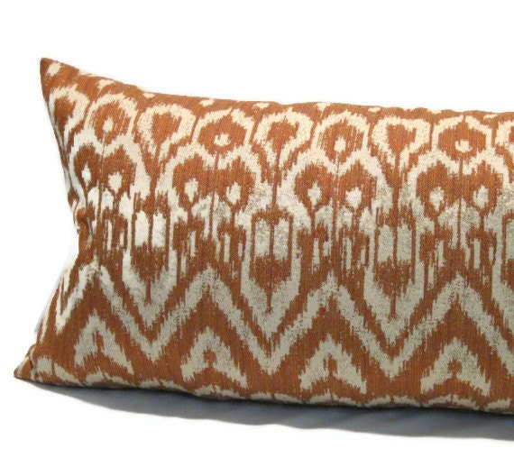 Decorative Lumbar Throw Pillow Cover  In Rust and Cream Tones12 inch by 24 inch
