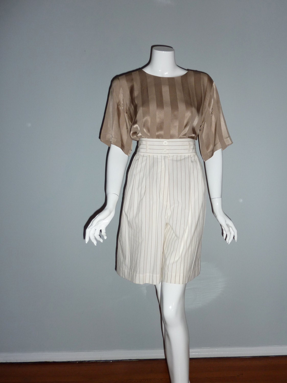 High Waist Cotton Shorts - White & Beige Striped