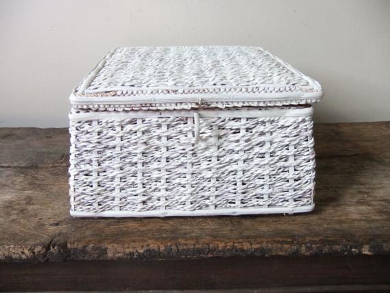 Vintage White Wicker Sewing Basket Box