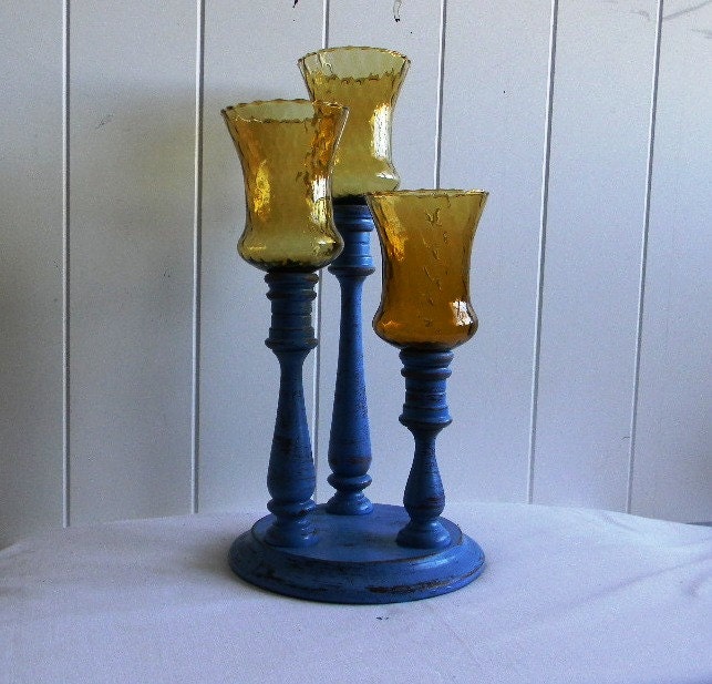 Upcycle Wooden Candelabra - Cottage Chic Candleholder with Amber Glass Domes - Boho Table Centerpiece - Shabby and Chic home Decor